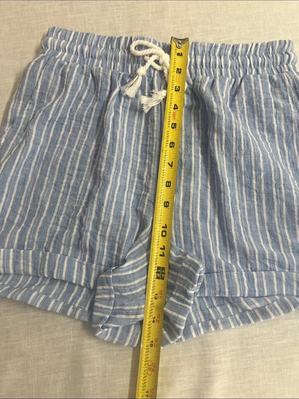 🌞 Ci Sono Light Blue & White Striped High-Waist Drawstring Shorts women S